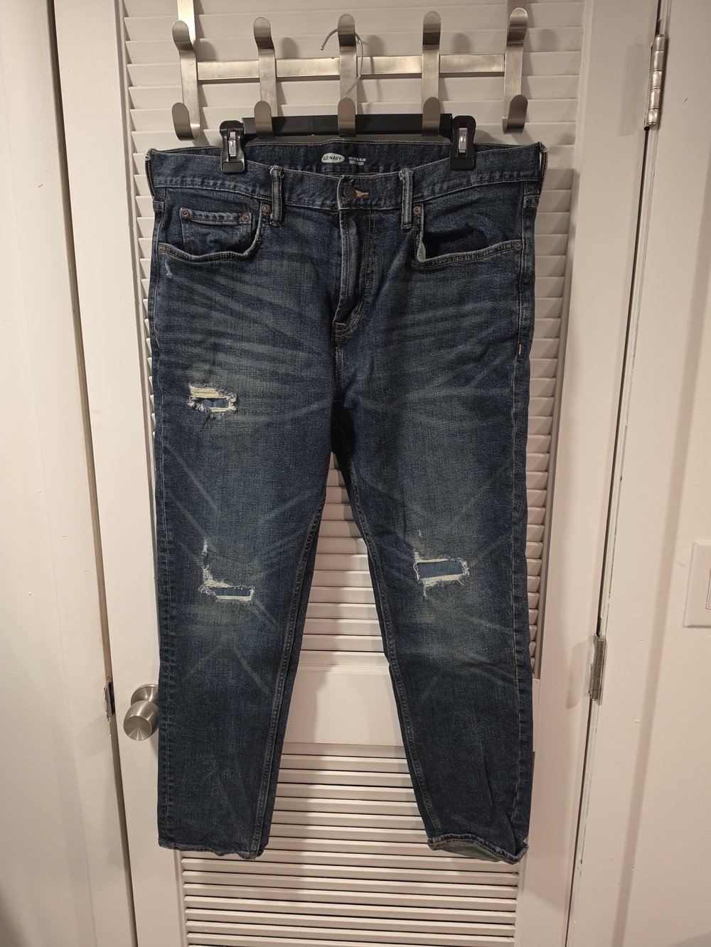 Men's Distressed Dark Blue Jeans - Slim Fit